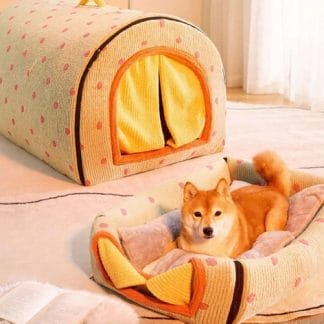 Calm Den™ 2-in-1 Polka Dot Cave Bed – Covered Hideaway Pet Bed with Curtain Door & Handle