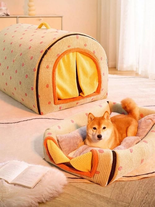 Calm Den™ 2-in-1 Polka Dot Cave Bed – Covered Hideaway Pet Bed with Curtain Door & Handle