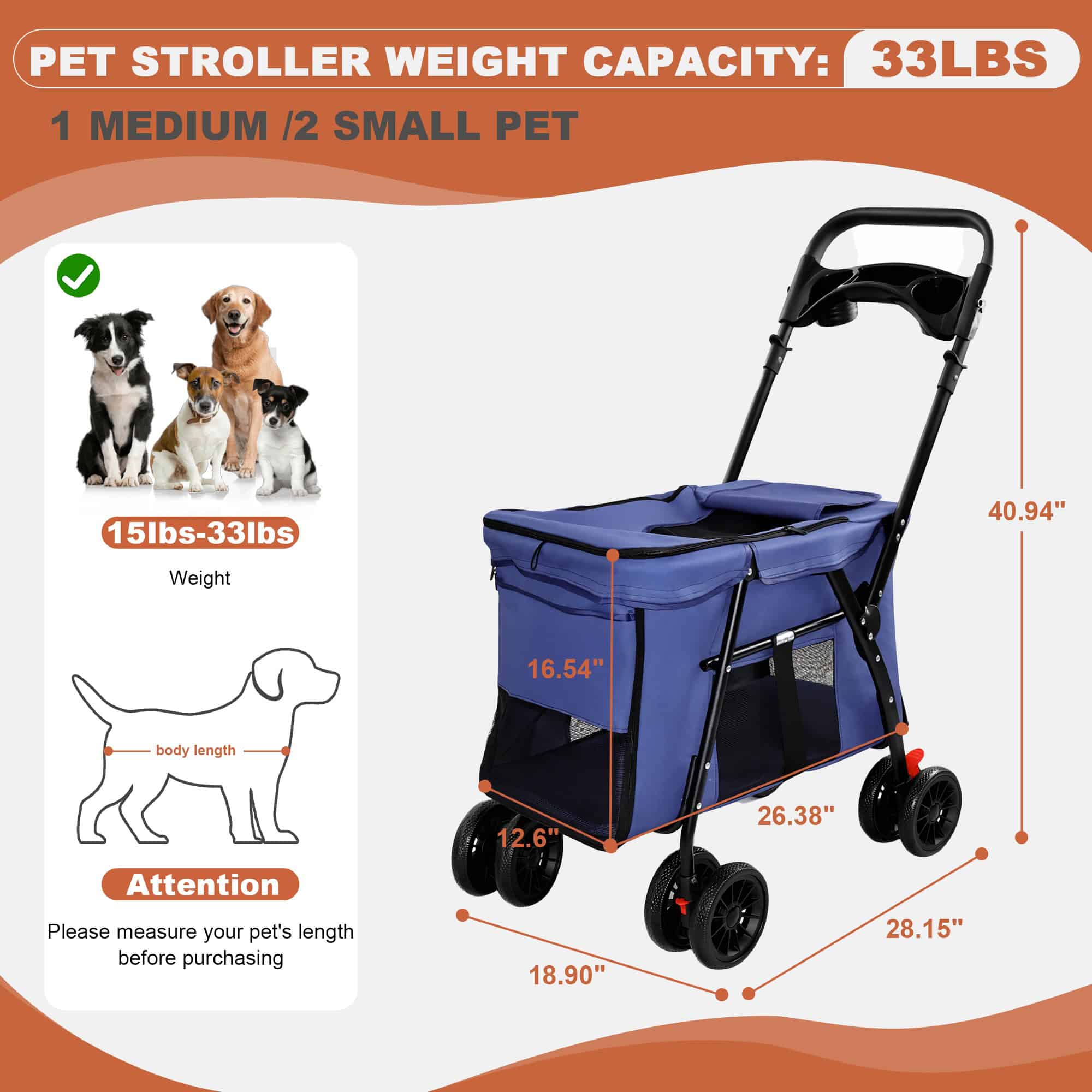 Lightweight Foldable Pet Stroller, Navy - Image 2