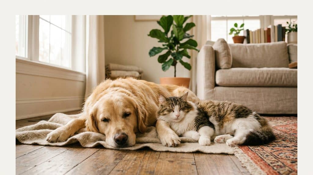 Golden retriever and cat relaxing together on a rug at home