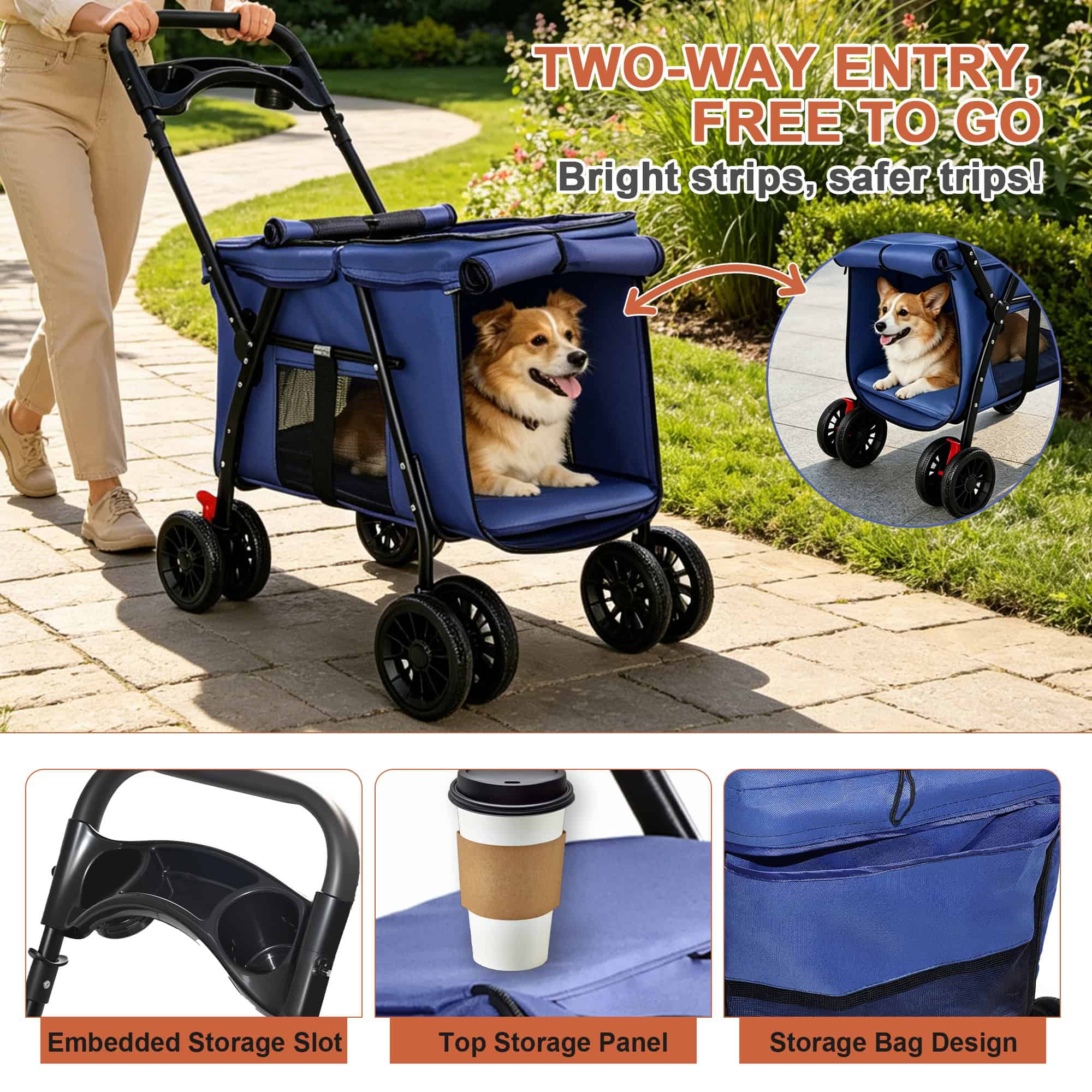 Lightweight Foldable Pet Stroller, Navy - Image 8