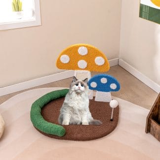 Calm Nest™ Mushroom Cat Bed & Scratcher – Wide Cozy Bed with Sisal Scratching Posts & Play Ball